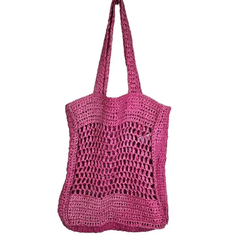 Old Navy Straw-Paper Crochet Tote Beach Bag Barbie Pink Magenta